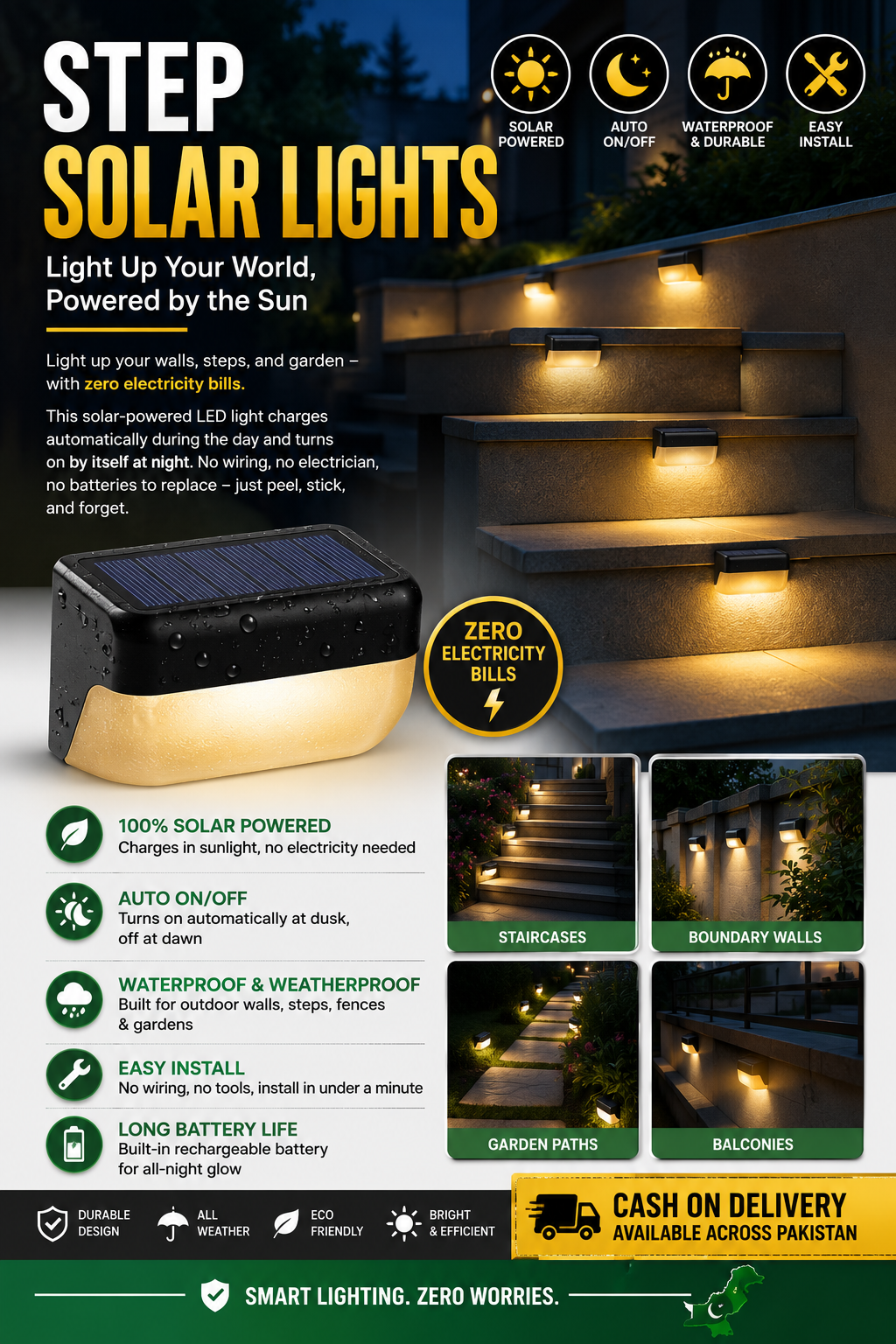 Solar Wall Light – Waterproof LED Step & Fence Light (No Wiring Needed)